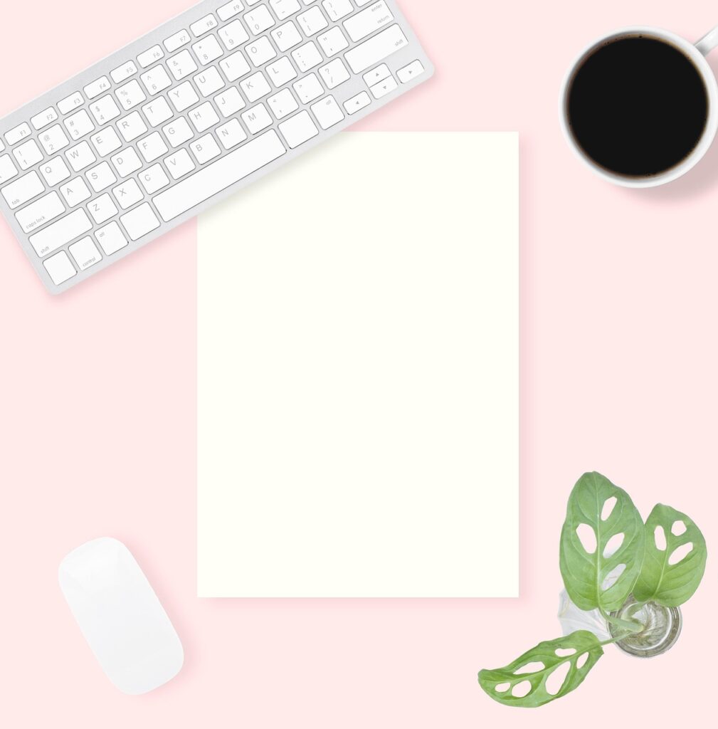 office desk, minimalist, paper, copy space, computer mouse, keyboard, coffee, plant, workplace, nature, beautiful wallpaper, pink table, flat lay, top view, background, floral background, iphone wallpaper