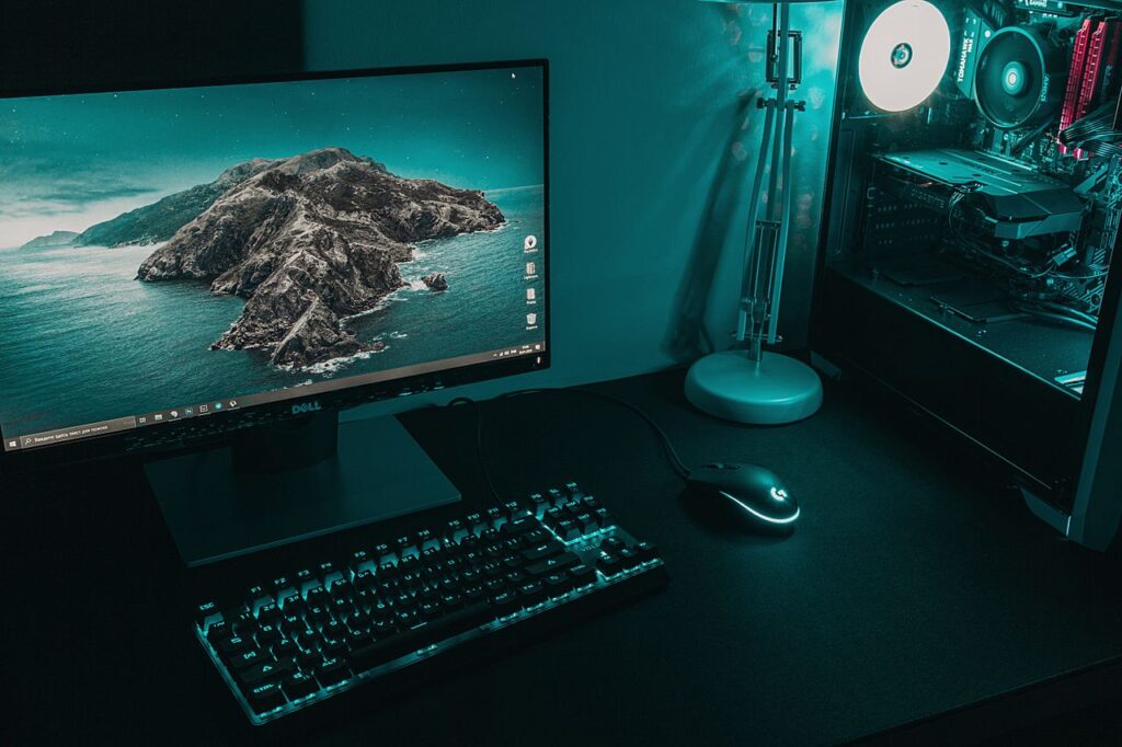 High angle of computer monitor with keyboard and mouse placed on table near CPU in dark workplace